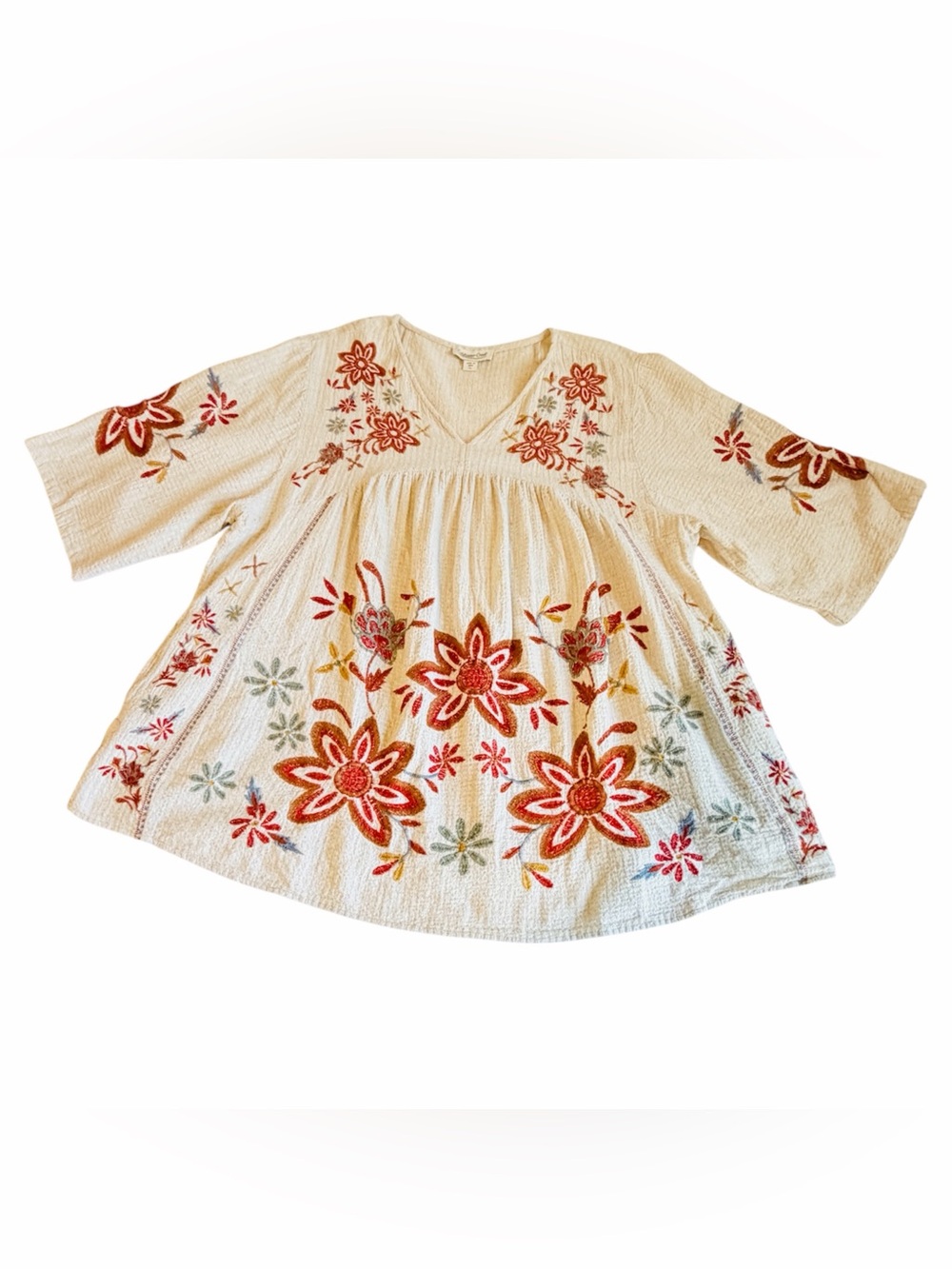 Coldwater Creek Cream Embroidered Floral Tunic Top Ladies XL Cotton-core Linen